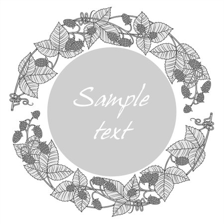 Inscribed in a circle vector frame of a five-color image of strawberry bushes with ripe berries with an empty space in the center for text.のイラスト素材