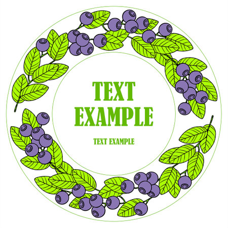 Inscribed in a circle four color vector frame of blueberry bushes with ripe berries with empty space in the center for text.のイラスト素材