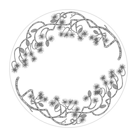 Inscribed in a circle two color vector image of pine cone branches with empty space in the center for text.のイラスト素材