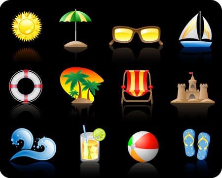 Set of icons on a theme Sun Sea and Beach_black backgroundのイラスト素材
