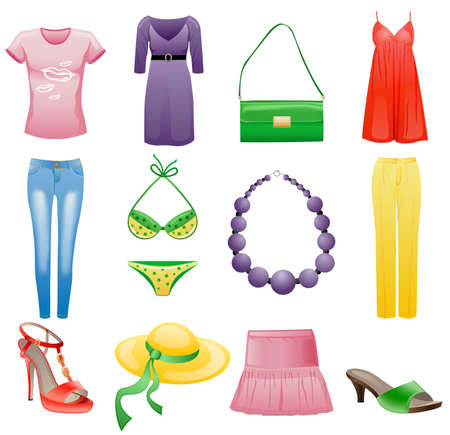 Women's clothes and accessories summer icon set. Isolated on white background.のイラスト素材