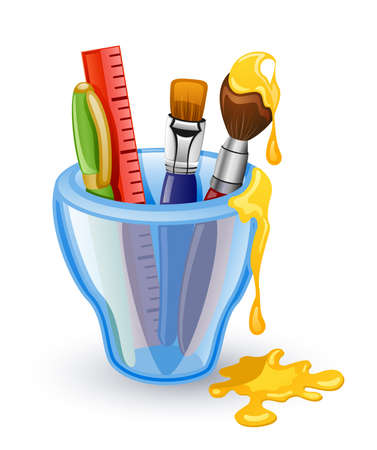 School tools: pen, brush, ruler in the glass. Isolated on white background.のイラスト素材
