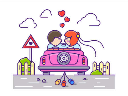 Love concept flat. Newlyweds kissing in car with cans.のイラスト素材