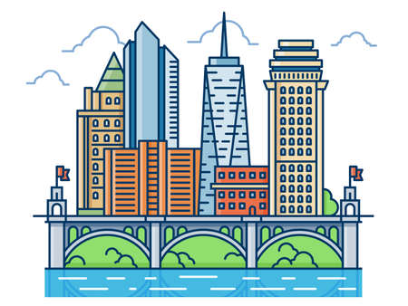 Abstract modern district with skyscrapers and bridge. Modern buildings, waterfront cityscape illustration.のイラスト素材