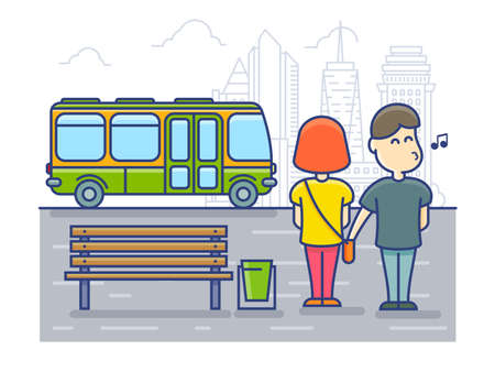 Pickpocket steals money cash from bag, Robbery at the bus stop.のイラスト素材