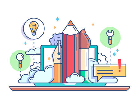 Design concept pencil and brush. Items for drawing tablet and creative idea.のイラスト素材