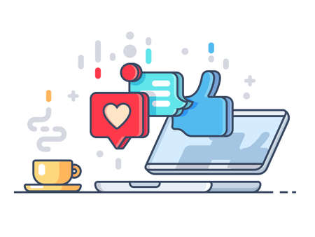 Likes and comments on social network. Laptop and cup with coffee. Vector illustration