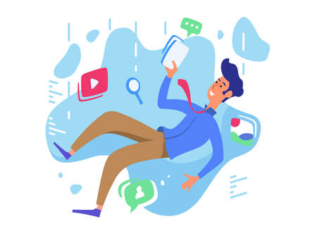 Surfing web network conceptual illustration of a man with various web iconsのイラスト素材