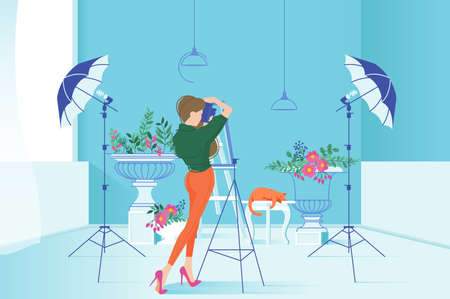 Photo studio interior. Photographer takes photo of cat on chair. Vector illustration
