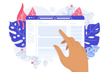 Web page on touch screen. Internet surfing. Vector flat illustration