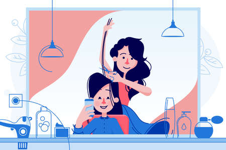 Female hairdresser cutting client. Workplace in beauty salon. Vector illustrationのイラスト素材