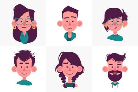 Face people cartoon collection. Head woman and man isolated on white. Vector illustration