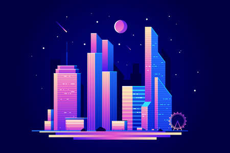 Landscape of night city with skyscrapers buildings. Vector illustration flatのイラスト素材