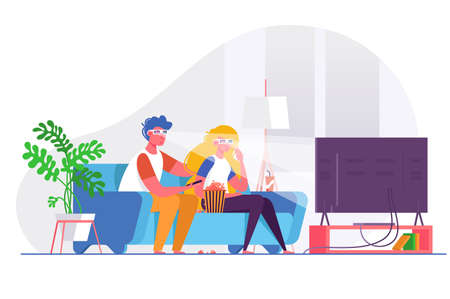 Couple watching 3d movie on big TV. Concept man and woman in relationship, family life. Vector illustration.のイラスト素材