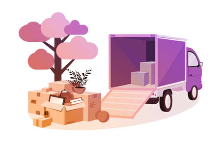 Transportation of things during move. Concept relocation with truck, personal effects. Vector illustration.のイラスト素材