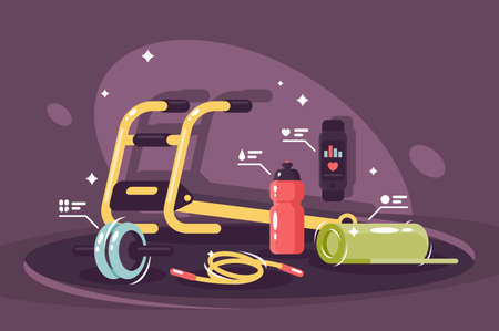 Standard equipment fitness club. Concept set, collection with sports equipment, health life, results tracking, hard work. Vector illustration.のイラスト素材