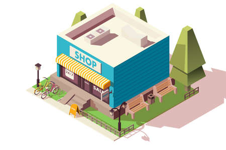 Big shop, supermarket with bicycle parking and hedge. Concept store with bicycle, fence, street lights, trashcan and signboard. Low poly. 3d vector isometric illustration.のイラスト素材