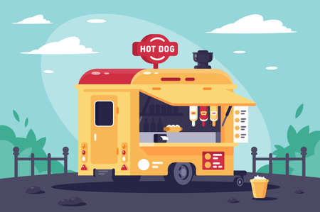 Mobile stall with hot dogs at work in the park. Concept fast food on wheels, lunch break.Vector illustration.のイラスト素材