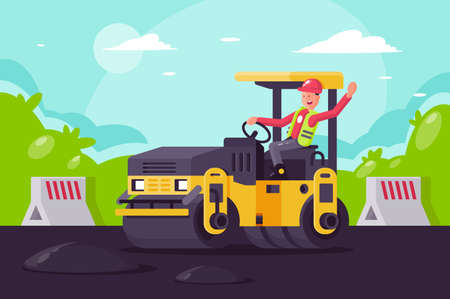 Young man on asphalt paver at work on construction site. Concept employee, builder at building, lay asphalt. Vector illustration.のイラスト素材