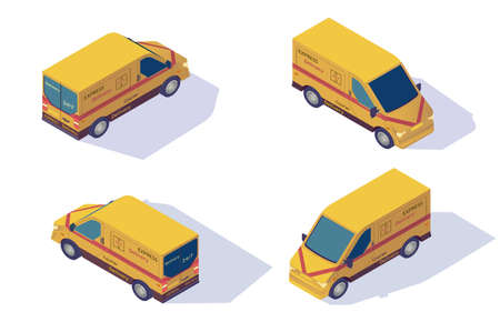Set mail car for delivery of mail and parcels, package. Concept collection classic urban letter transportation. Low poly. Isometric 3d vector illustration.のイラスト素材