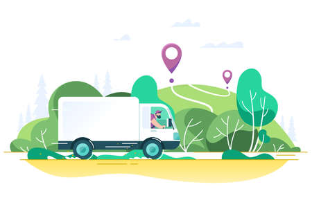 Flat delivery truck with man is carrying parcels on points. Concept online map, tracking, service. Vector illustration.のイラスト素材