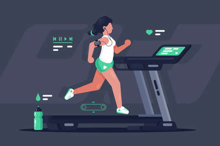 Flat silhouette young woman running on treadmill. Concept modern sport girl, equipment, sports water bottle. Vector illustration.のイラスト素材