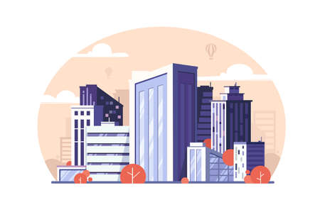 Urban modern megapolis with skyscraper and tree. Concept residential and business district for people. Vector illustration.のイラスト素材