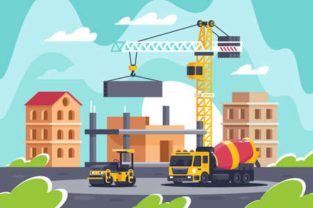 Construction of big building with heavy machinery, concrete mixer, road roller, crane.の写真素材