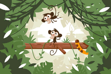 Cute monkeys on tree among vegetation and tail of tiger in jungle.の写真素材