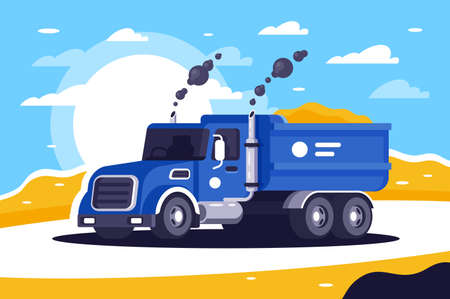 Flat loaded dump truck with sand is going to unload at work. Concept cargo vehicles for public service. Vector illustration.のイラスト素材