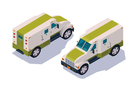 Set collection, collector car for transportation, delivery cash, money. Concept collection urban modern delivery vehicle, defensive and private organization. Low poly. Isometric 3d vector illustration.のイラスト素材