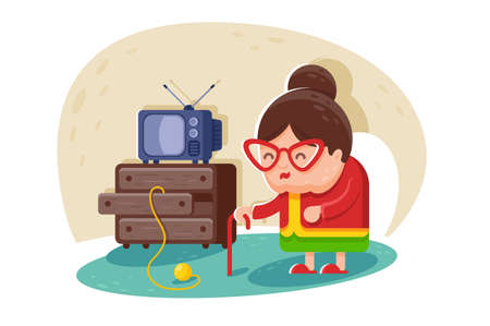 Flat cute old lady with glasses and cane near TV and wardrobe with balls of yarn.のイラスト素材