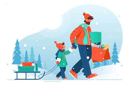 Young man father with beard goes with his son with sleigh with shopping. Concept winter sale and gifts, holiday, children s entertainment. Vector illustration.のイラスト素材