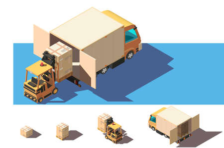 Isometric 3d set shipment truck with forklift and box for delivery moving.の写真素材