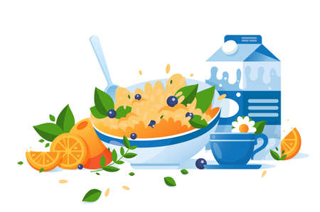 Flat food with cup of tea, milk, orange, green, cereal for breakfast. Concept homemade, healthy food, morning mode. Vector illustrationのイラスト素材