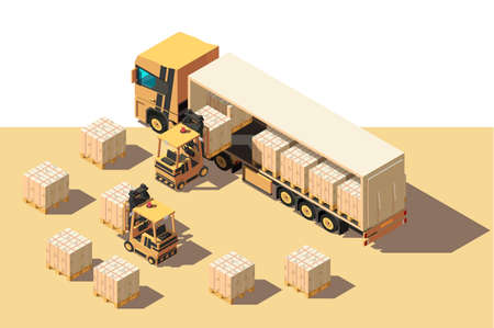 Isometric 3d shipment truck with forklift and box for delivery moving. Concept freight transport, vehicle. Low poly. Vector illustration.のイラスト素材