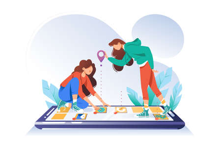 Young woman friends with cellphone looking for app map place with point. Concept girl with mobile device, phone with internet, online program. Vector illustration.のイラスト素材