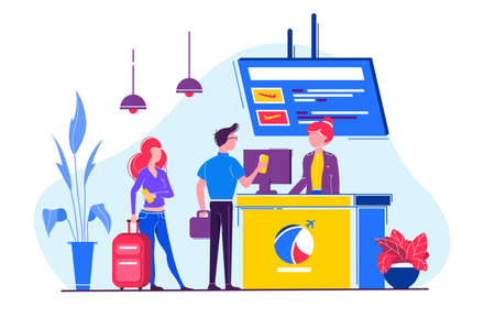 Young man and woman with bag check in plane. Concept girl with red hair, couple travel, aircraft ticket registration. Vector illustration.のイラスト素材