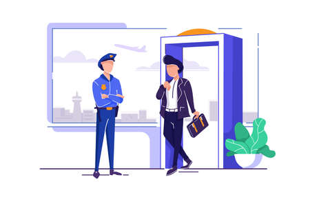 Flat young man with lush hairstyle, suitcase inspection at airport near police. Concept successful businessman on journey. Vector illustration.のイラスト素材