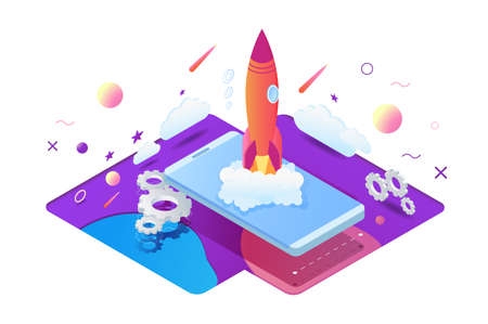 Isometric 3d start up project with rocket, gear wheel, smartphone, graphic planets. Concept online web page, icon, technological progress, invention and promotion. Vector illustration.のイラスト素材
