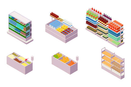 Isometric 3d collection isolated urban element of grocery department.のイラスト素材