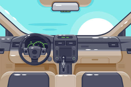 Flat insides of car interior with transmission, steering wheel, glove box, electronics and dashboard.のイラスト素材