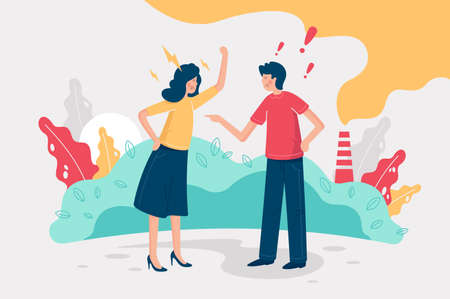 Flat young couple swear about environmental protection. Concept man, woman and girl characters, industrial and nature. Vector illustration.のイラスト素材