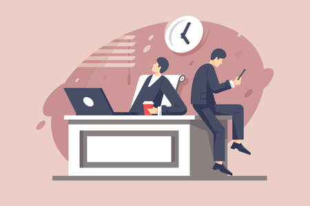 Flat young businessman characters with different moods at work. Concept man employee with coffee,...
