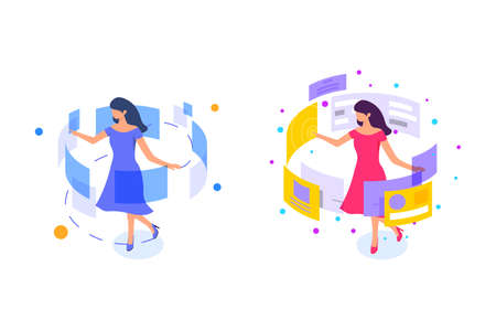 Flat young girl whirl with dress and interface.のイラスト素材