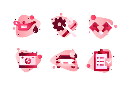 Set icons with vehicle, repair equipment, planning, machine oil, piston engine, battery. Concept collection modern symbols for car service, internet, ad, web. Pixel perfect Vector illustrationのイラスト素材