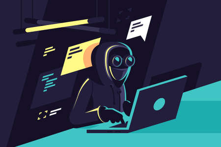 Flat young hacker programmer with laptop hacks programms and site. Concept modern man character,...