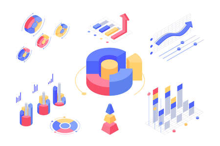 Isometric 3d charts and statistics with set diagrams and graphs. Concept collection finance and maths information. Low poly. Vector illustration.のイラスト素材