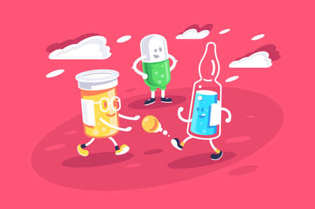 Flat ampoule, pill and jar playng with vitamin ball. Concept abstract health care on red background....