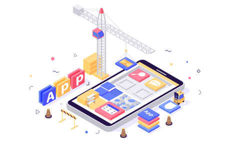 3d isometric build mobile application with search, message, setting, book icons, crane, forklift. Concept abstract program development with construction equipment. Low poly. Vector illustration.のイラスト素材
